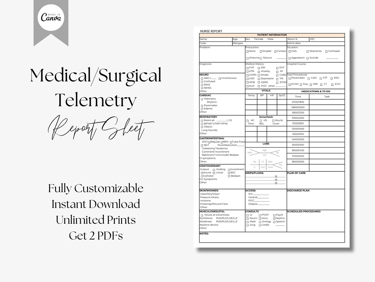Medical/ Surgical/ Telemetry Nurse Report Sheet template